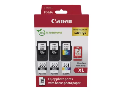 CANON PG-560XL(2DB)/CL-561XL FEKETE/SZÍNES (2X14,3ML+12,2ML) + 50DB GP501 10X15CM FOTÓPAPÍR EREDETI MULTIPACK (3712C012)