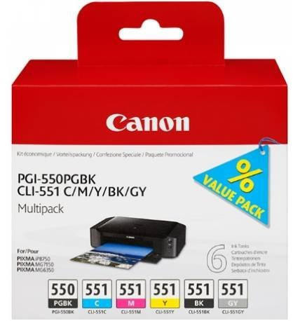 CANON PGI-550PGBK/CLI-551BK/C/M/Y/GY (1X15ML/5X7ML) EREDETI 6-IN-1 MULTIPACK (6496B005)